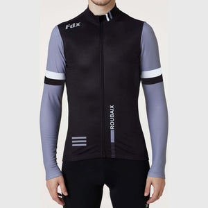 FDX Men's Grey & Black Long Sleeve Cycling Jersey for Winter Roubaix Thermal Fleece Road Bike Wear Top Full Zipper, Pockets & Hi viz Reflective Details - Limited Edition