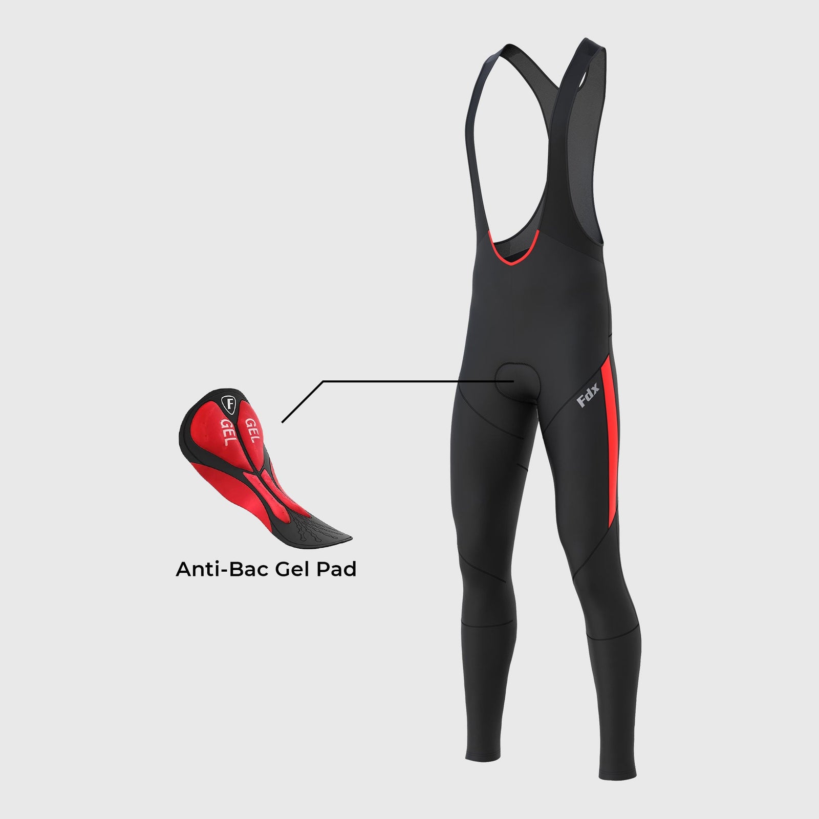 Fdx Arch Men's Red Thermal Padded Cycling Cargo Bib Tights – warm, padded bib tights with cargo pockets, designed for comfort and utility during winter cycling.