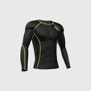 Fdx Men's Black & Yellow Long Sleeve Compression Top & Compression Tights Base Layer Gym Training Jogging Yoga Fitness Body Wear - Blitz