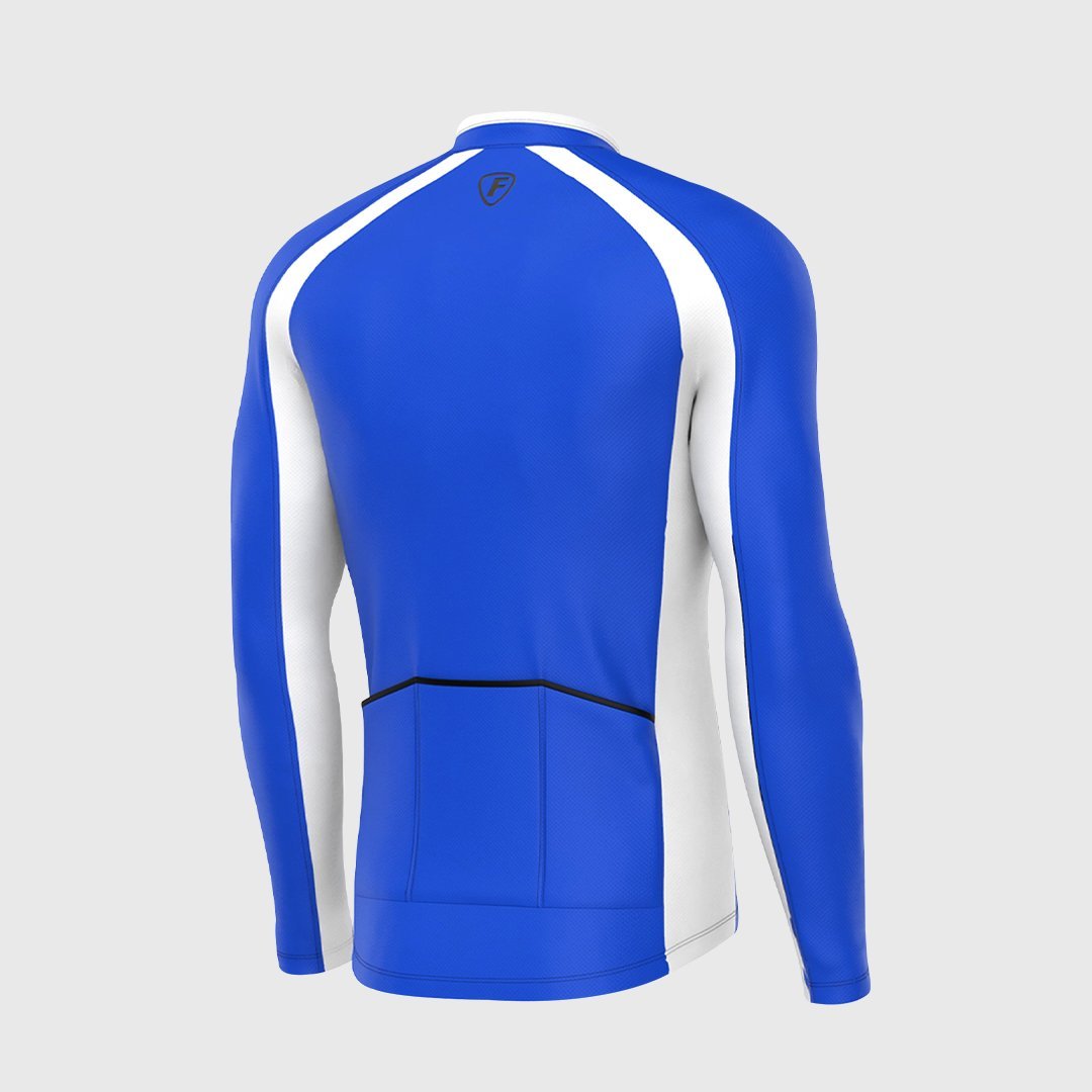 Fdx Blue & White Men's Long Sleeve Cycling Jersey for Winter Roubaix Thermal Fleece Road Bike Wear Top Full Zipper, Pockets & Hi viz Reflectors - Transition