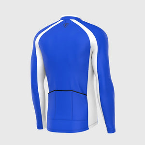 Fdx Blue & White Men's Long Sleeve Cycling Jersey for Winter Roubaix Thermal Fleece Road Bike Wear Top Full Zipper, Pockets & Hi viz Reflectors - Transition