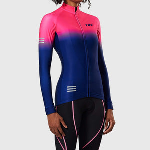 Women's Pink & Blue Winter Cycling Suit, Windproof Thermal Super Roubaix fleece Clothing, Lightweight Set, Long Sleeve Jersey with 3D Padded Bib Tights