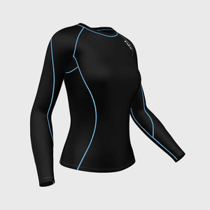 Fdx Women's Black & Sky Blue Long Sleeve Compression Top Base Layer Gym Training Jogging Yoga Fitness Body Wear Enhanced Muscle Oxygenation- Monarch