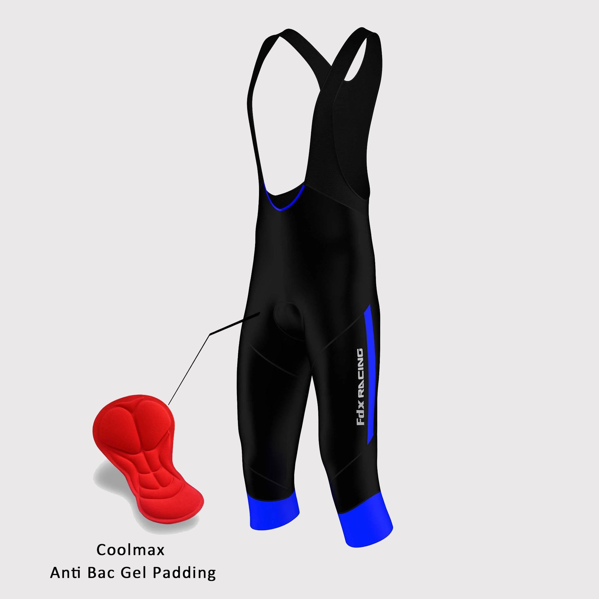 Fdx Gallop Blue Men's Summer Cycling Gel Padded 3/4 Bib Tights – lightweight, gel-padded bib tights in blue, designed for comfort and breathability during warm-weather rides.