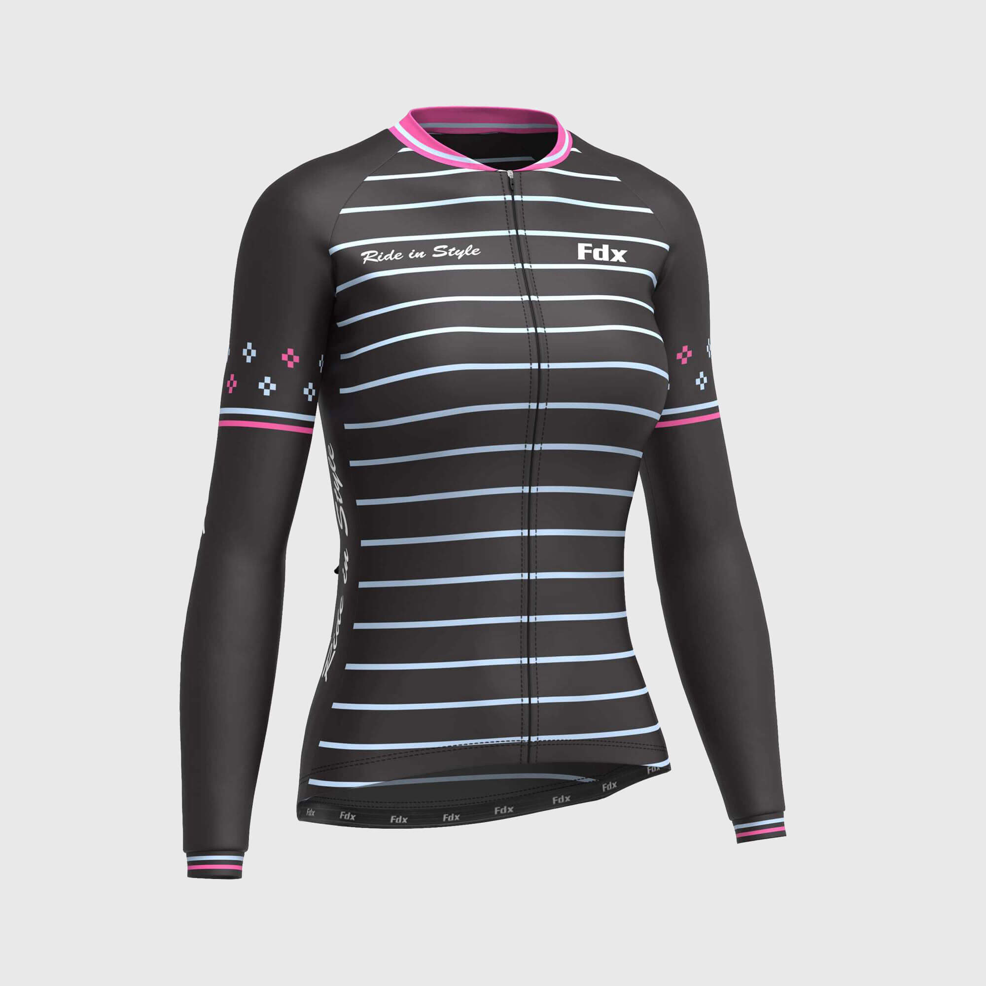 Fdx Women's Black & Pink Blue Long Sleeve Cycling Jersey & Gel Padded Bib Tights Pants for Winter Roubaix Thermal Fleece Road Bike Wear Windproof, Hi-viz Reflectors & Pockets - Ripple