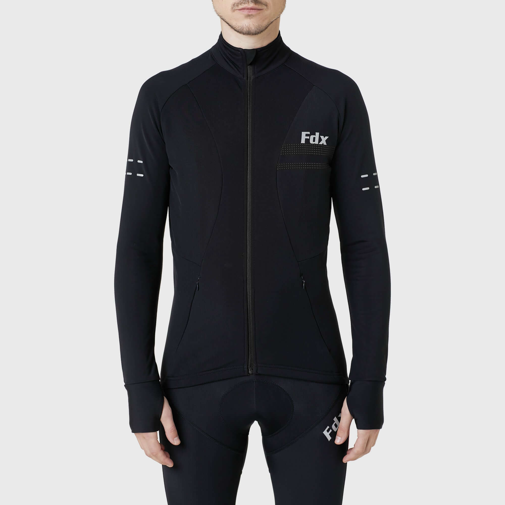 Fdx Warm Cycling Jersey for Men's Black for Winter Roubaix Thermal Fleece Road Bike Wear Top Full Zipper, Pockets & Hi viz Reflectors - Arch