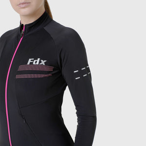 Fdx Women's Black & Pink Long Sleeve Cycling Jersey for Winter Roubaix Thermal Fleece Road Bike Wear Top Full Zipper, Pockets & Hi-viz Reflectors - Arch