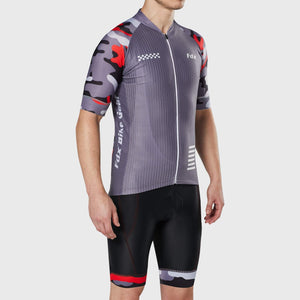 Fdx Short Sleeve Cycling Jersey & Gel Padded Bib Shorts for Mens Grey Best Summer Road Bike Wear Light Weight, Hi-viz Reflectors & Pockets - Camouflage