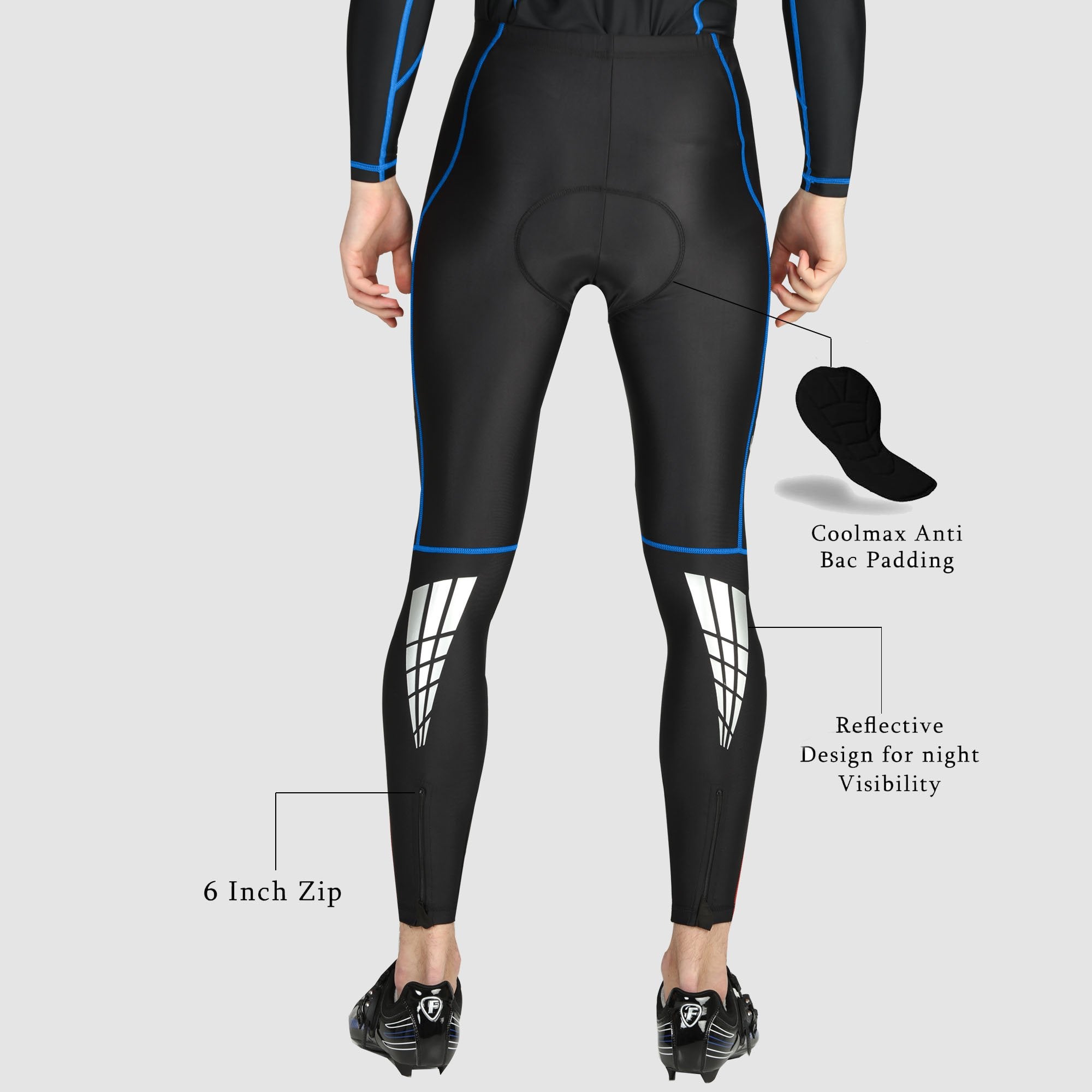 Fdx Men's Black & Blue Chamois Gel Padded Cycling Tights For Winter Roubaix Thermal Fleece Reflective Warm Leggings - Heatchaser Bike Long Pants