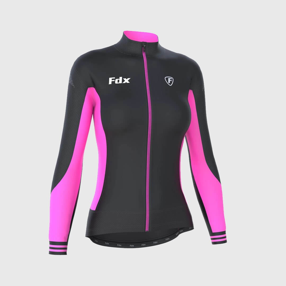 Fdx Women's Black & Pink Long Sleeve Cycling Jersey & Gel Padded Bib Tights Pants for Winter Roubaix Thermal Fleece Road Bike Wear Windproof, Hi-viz Reflectors & Pockets - Thermodream