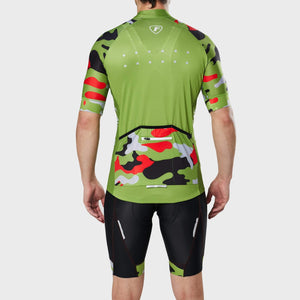 Fdx Men's Green Camo Short Sleeve Cycling Jersey & Gel Padded Bib Shorts Best Summer Road Bike Wear Light Weight, Hi-viz Reflectors & Pockets - Camouflage