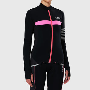FDX Women’s full sleeves cycling jersey Black & Pink warm winter Roubaix biking top, lightweight windproof long sleeves fleece lined cycle shirt for riding