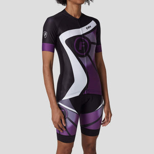 Fdx Women's Black & Purple Short mesh Sleeve Cycling Jersey & Gel Padded Bib Shorts Best Summer Road Bike Wear Light Weight, Hi viz Reflectors & Secure Pockets - Signature
