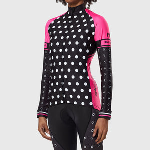 Fdx Womens Black & Pink Long Sleeve Cycling Jersey for Winter Roubaix Thermal Fleece Road Bike Wear Top Full Zipper, Pockets & Hi-viz Reflectors - Polka Dots