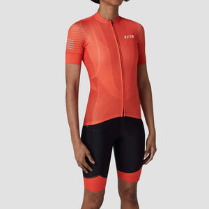Fdx  Best Women's Short Sleeve Cycling Jersey Orange & Gel Padded Bib Shorts Summer Road Bike Wear Light Weight, Hi viz Reflectors & Pockets - Essential