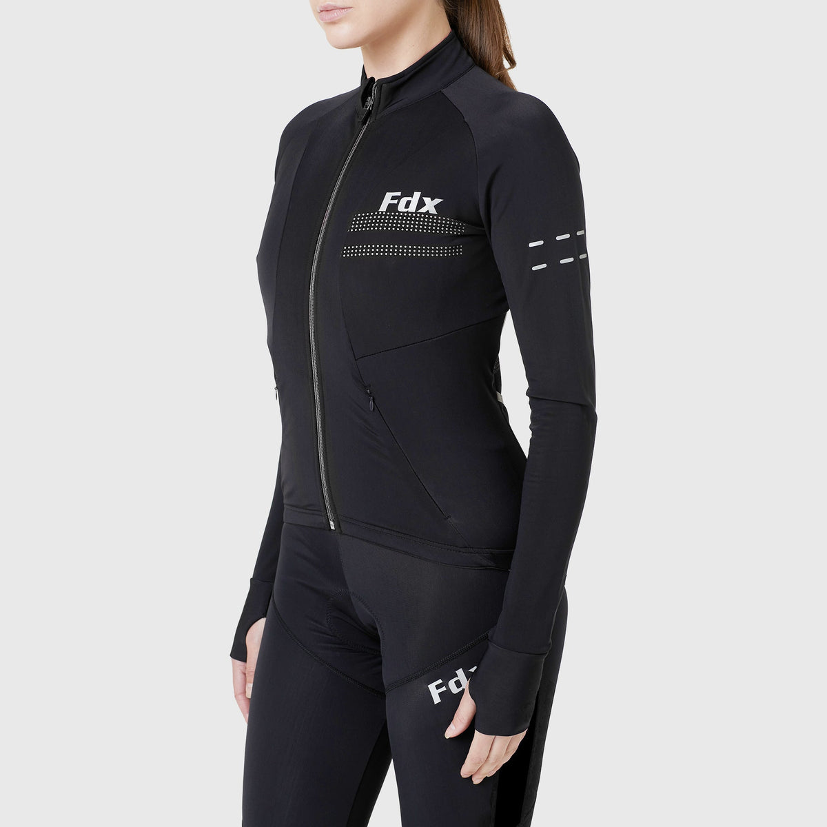 Fdx Women's Black Long Sleeve Cycling Jersey for Winter Roubaix Thermal Fleece Road Bike Wear Top Full Zipper, Pockets & Hi-viz Reflectors - Arch
