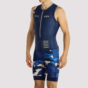 Fdx Mens Blue Sleeveless Gel Padded Triathlon / Skin Suit for Summer Cycling Wear, Running & Swimming Half Zip - Camouflage AU