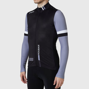 FDX Men's Grey & Black Best Long Sleeve Cycling Jersey for Winter Roubaix Thermal Fleece Road Bike Wear Top Full Zipper, Pockets & Hi viz Reflectors - Limited Edition