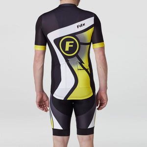 Fdx Mens Black & yellow Short Sleeve Cycling Jersey & Gel Padded Bib Shorts Best Summer Road Bike Wear Light Weight, Hi-viz Reflectors & Pockets - Signature