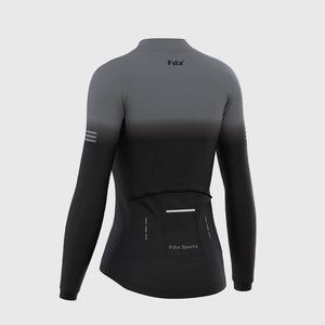 Fdx Women's Black & Grey Long Sleeve Cycling Jersey & Cushion Padded Bib Tights Pants for Winter Roubaix Thermal Fleece Road Bike Wear Windproof, Hi viz Reflectors & Pockets - Duo