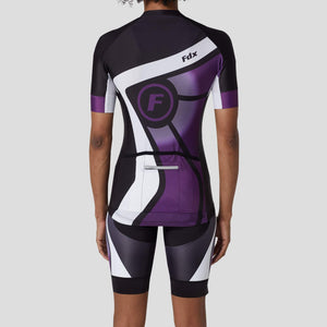 Fdx Women's Black & Purple Short Sleeve Cycling Jersey Full Length Zipper & Gel Padded Bib Shorts Best Summer Road Bike Wear Light Weight, Hi-viz Reflectors & Secure Pockets - Signature