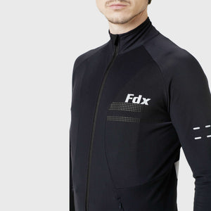 Fdx Mens Black Long Sleeve Cycling Jersey for Winter Roubaix Thermal Fleece Road Bike Wear Top Full Zipper, Pockets & Hi-viz Reflectors - Arch