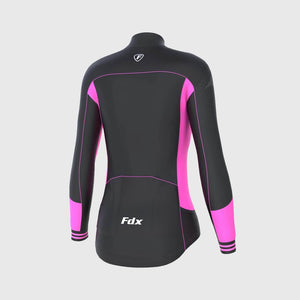 Fdx Women's Long Sleeve Cycling Jersey Pink & Black Reflective Details Hi-Vis Logo Long Collar Storage Back Pockets Windproof Road Wear Long Tail Thermodream AU