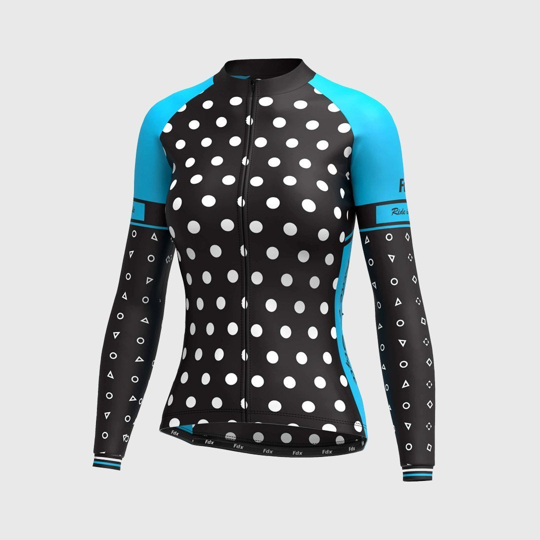 FDX Best Women's Black & Blue Long Sleeve Cycling Jersey for Winter Roubaix Thermal Fleece Shirt Road Bike Wear Top Full Zipper, Lightweight  Pockets & Hi viz Reflectors - Polka