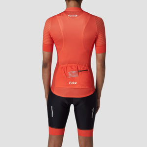 Fdx Women's Best Orange Short Sleeve Full Zip Cycling Jersey & Gel Padded Bib Shorts Best Summer Road Bike Wear Light Weight, Hi viz Reflectors & Pockets - Essential
