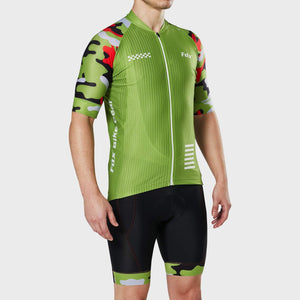 Fdx Short Sleeve Cycling Jersey & Gel Padded Bib Shorts for Mens Green Best Summer Road Bike Wear Light Weight, Hi-viz Reflectors & Pockets - Camouflage