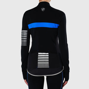 Fdx Women's Black & Blue Long Sleeve Cycling Jersey for Winter Roubaix Thermal Fleece Road Bike Wear Top Full Zipper, Pockets & Hi-viz Reflectors - All Day