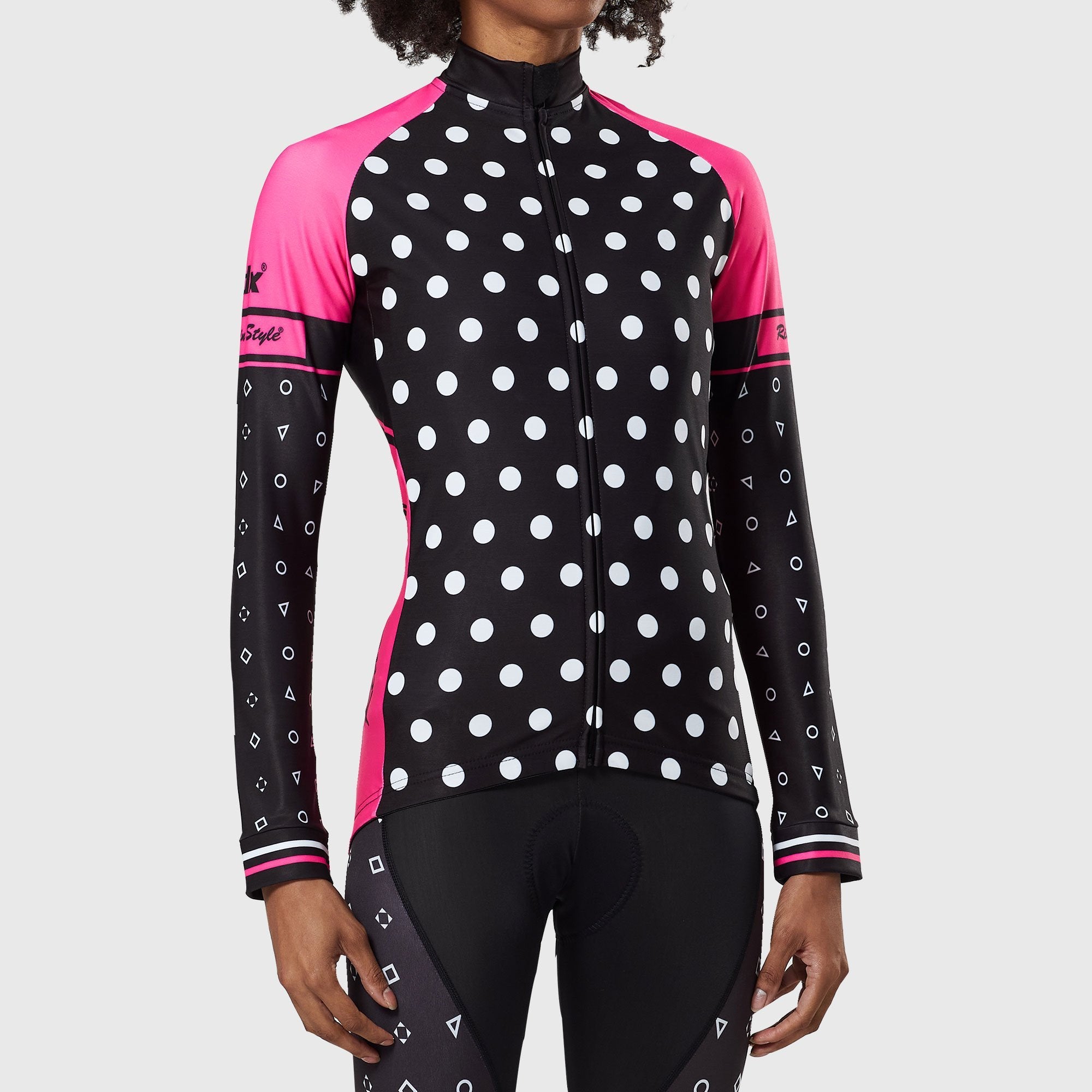 FDX Best Women's Black & Pink Long Sleeve Cycling Jersey for Winter Roubaix Thermal Fleece Shirt Road Bike Wear Top Full Zipper, Lightweight  Pockets & Hi viz Reflectors - Polka