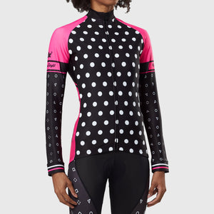 Women’s Black & Pink full sleeves cycling jersey windproof warm Roubaix winter biking top, lightweight long sleeves thermal fleece shirt for bike riding