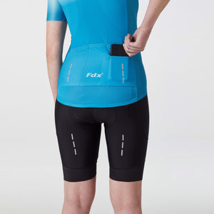 Fdx Women's Blue Short Sleeve Cycling Jersey & Gel Padded Bib Shorts Best Summer Road Bike Wear Light Weight, Hi-viz Reflectors & Pockets - Duo