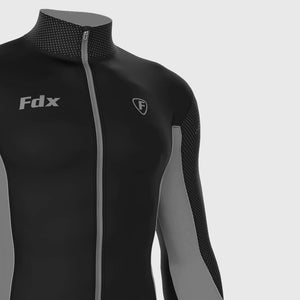 Fdx Men's Reflective Black & Grey Long Sleeve Cycling Jersey for Winter Roubaix Thermal Fleece Road Bike Wear Top Full Zipper, Pockets & Hi viz Reflectors - Thermodream