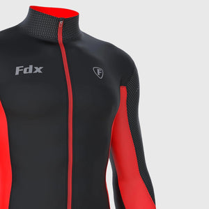 Fdx Long Sleeve Cycling Jersey for Men's Black & Red Winter Roubaix Thermal Fleece Road Bike Wear Top Full Zipper, Pockets & Hi viz Reflectors - Thermodream