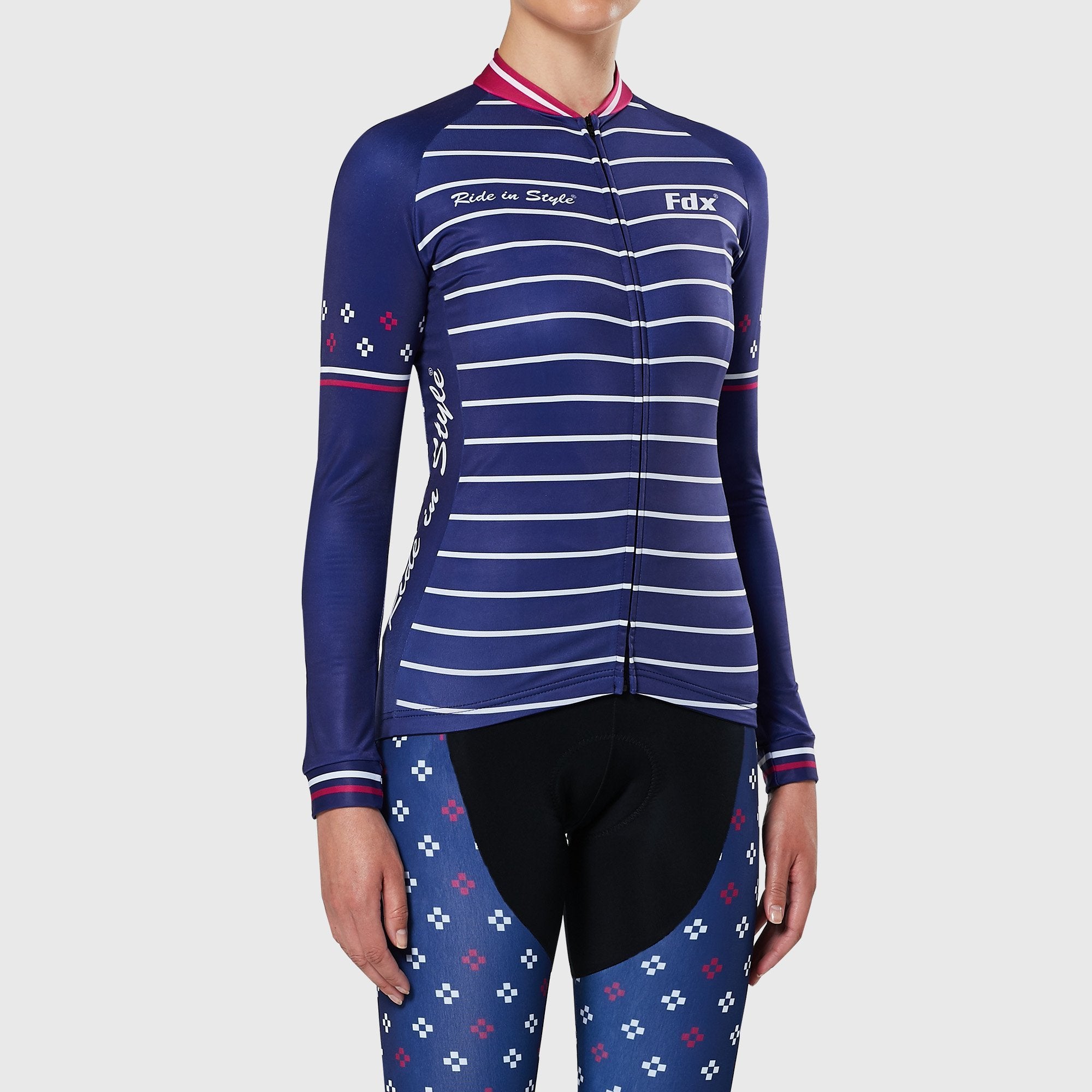 Fdx Best Women's Blue & Pink Long Sleeve Cycling Jersey for Winter Roubaix Thermal Fleece Shirt Road Bike Wear Top Full Zipper, Lightweight  Pockets & Hi viz Reflectors - Ripple