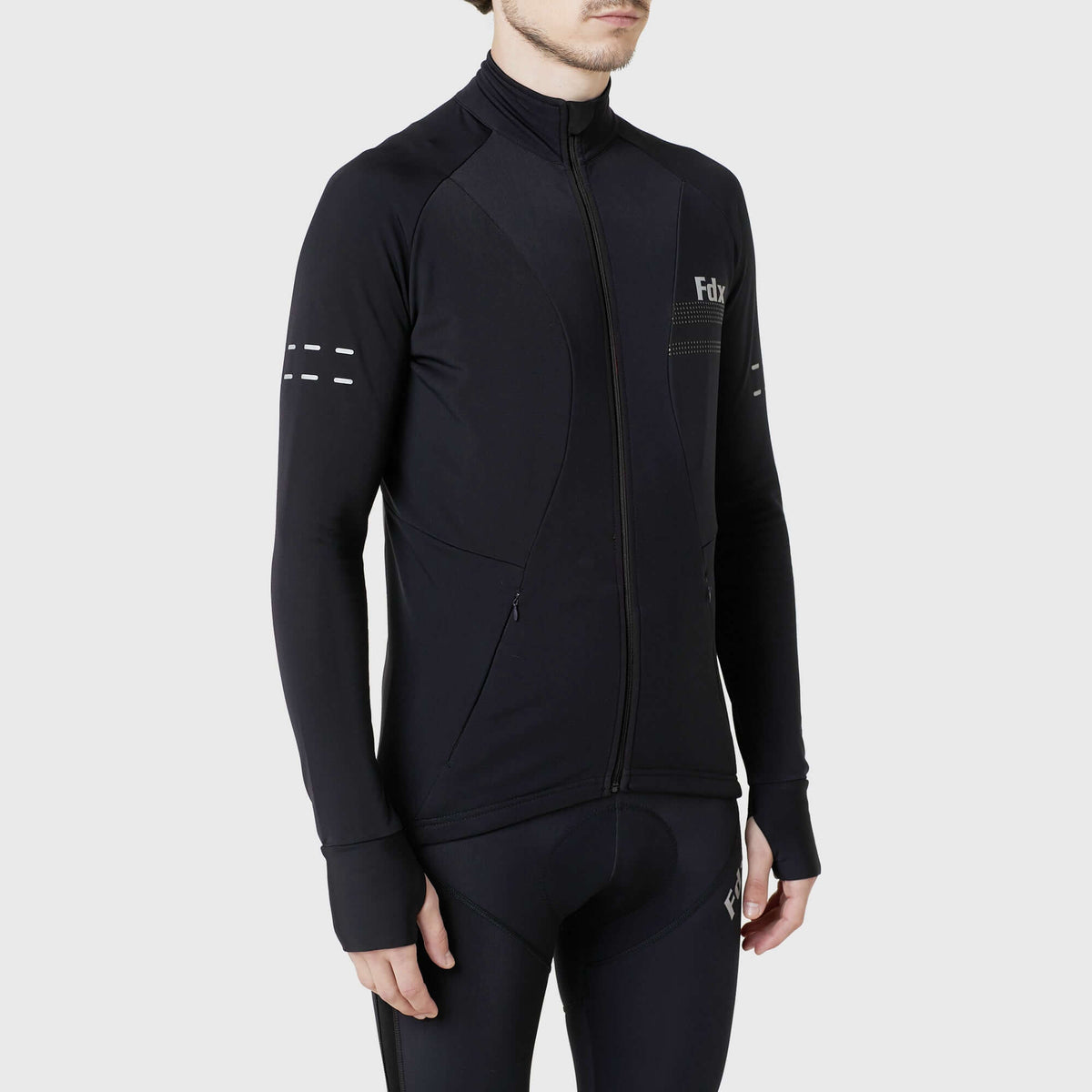 Fdx Men's Black Full Sleeve Cycling Jersey for Winter Roubaix Thermal Fleece Road Bike Wear Top Full Zipper, Pockets & Hi viz Reflectors - Arch