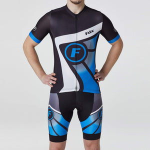 Fdx Mens Blue & Black Half Sleeve Cycling Jersey & Gel Padded Bib Shorts Best Summer Road Bike Wear Light Weight, Hi-viz Reflectors & Pockets - Signature