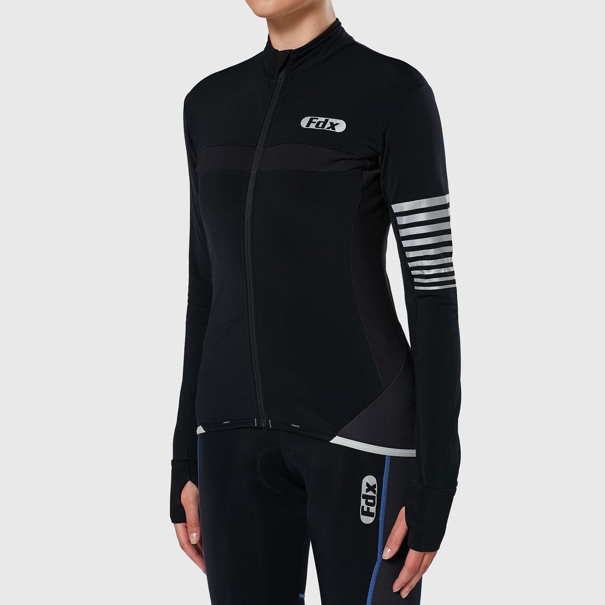Fdx Womens Black Long Sleeve Cycling Jersey for Winter Roubaix Thermal Fleece Road Bike Wear Top Full Zipper, Pockets & Hi-viz Reflectors - All Day