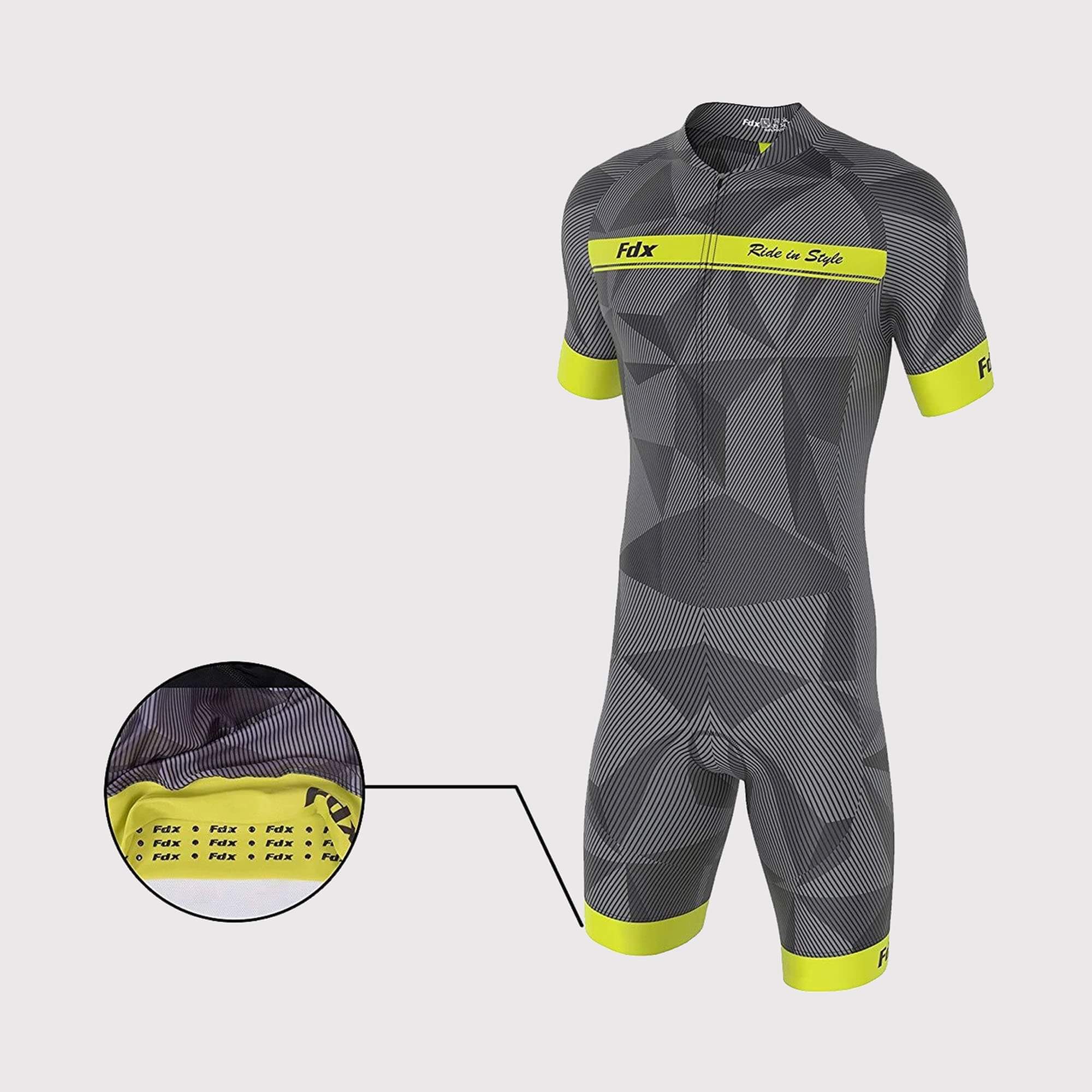 Fdx Mens Grey & Yellow Short Sleeve Gel Padded Triathlon / Skin Suit for Summer Cycling Wear, Running & Swimming Half Zip - Splinter