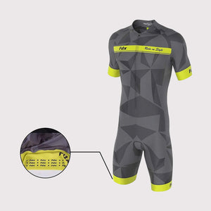 Fdx Mens Grey & Yellow Sleeveless Gel Padded Triathlon / Skin Suit for Summer Cycling Wear, Running & Swimming Half Zip - Splinter