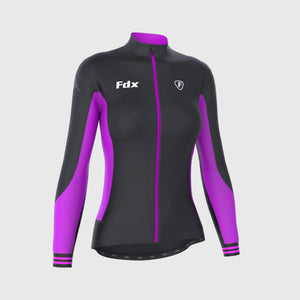 Women’s Black & purple full sleeves cycling jersey windproof warm Roubaix winter biking top, lightweight long sleeves thermal fleece shirt for bike riding