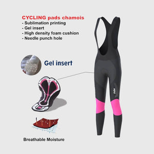 Fdx Women's Black & Pink Long Sleeve Cycling Jersey & Gel Padded Bib Tights Pants for Winter Roubaix Thermal Fleece Road Bike Wear Windproof, Hi-viz Reflectors & Pockets - Thermodream
