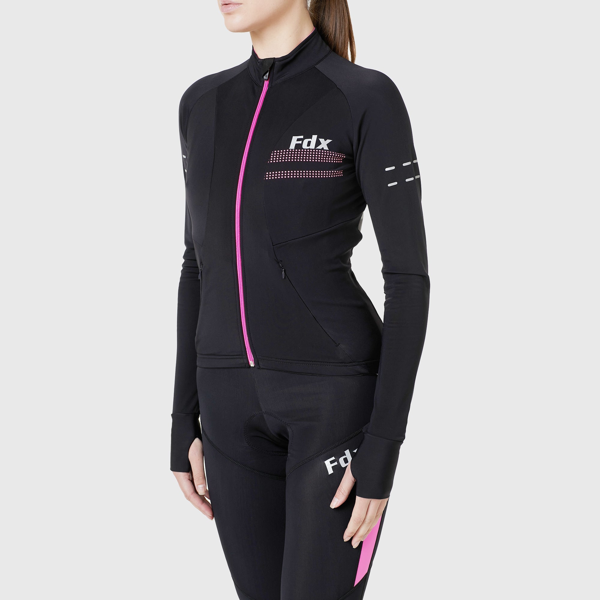 Fdx Best Women's Black & Pink Long Sleeve Cycling Jersey for Winter Roubaix Thermal Fleece Shirt Road Bike Wear Top Full Zipper, Lightweight  Pockets & Hi viz Reflectors - Arch