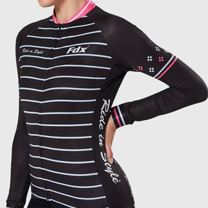 Women’s Pink & Black full sleeves cycling jersey windproof warm Roubaix winter biking top, lightweight long sleeves thermal fleece shirt for bike riding