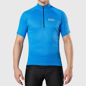 Fdx blue men’s best short sleeves cycling jersey breathable lightweight hi-viz Reflective details summer biking top, full zip skin friendly half sleeves mesh cycling shirt for indoor & outdoor riding with two back & 1 zip pockets