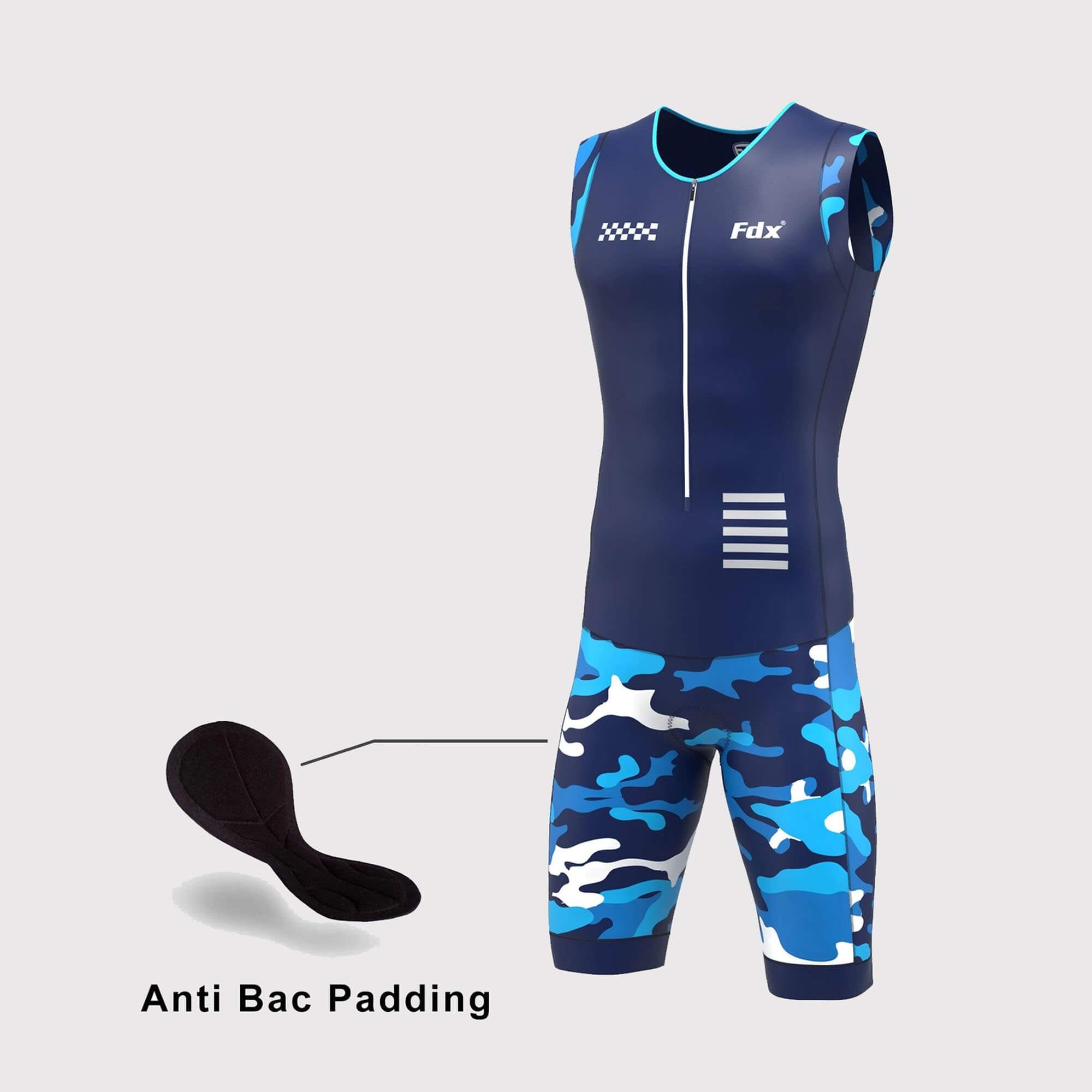 Fdx Mens Blue Sleeveless Gel Padded Triathlon / Skin Suit for Summer Cycling Wear, Running & Swimming Half Zip - Camouflage