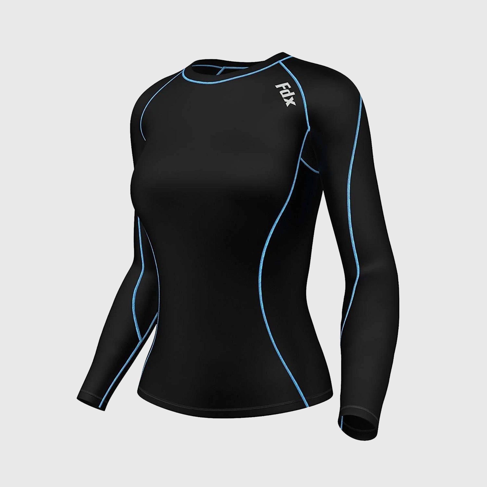 Fdx Women's Blue Black Long Sleeve Ultralight Compression Top Running Gym Workout Wear Rash Guard Stretchable Breathable Quick Dry - Monarch
