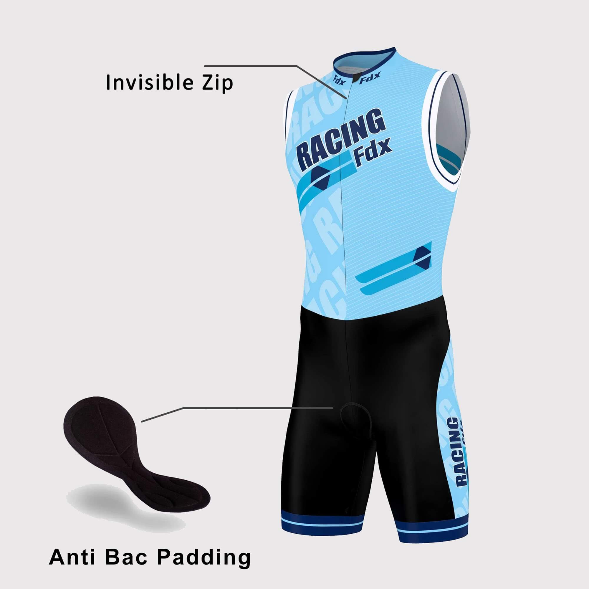 Fdx Mens Black & Blue Sleeveless Gel Padded Triathlon / Skin Suit for Summer Cycling Wear, Running & Swimming Half Zip - Core
